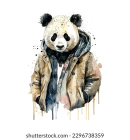 Panda suit fashion illustration in stylish style. Animal character design. Fashion look outfit. Vector design. Vintage style. Sketch drawing. Animal concept.