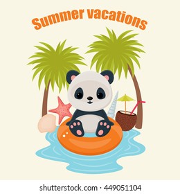 Panda in summer vacations. Cute Asian bear on a lifebuoy with seashells and palms. Text "Summer vacations".