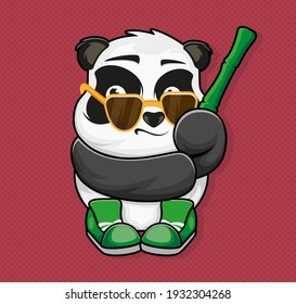 Panda with sun glasses, bamboo and sneakers. Sticker. Patch. Apparel. Vector illustration design.