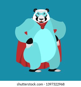 Panda superhero. Super Chinese bear in mask and raincoat. Strong Animal