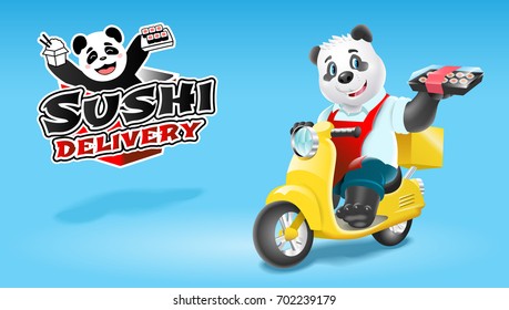 Panda sushi delivery on scooter. Vector clip art illustration.