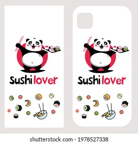 panda Sushi lover typographic  with vector sushi character. Chinese word means sushi., Mobile Cover design , vector illustration, ready for print on Mobile Cover