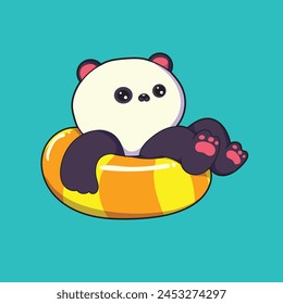 panda is swimming. he sat relaxed using a float balloon