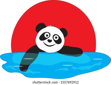 Panda is swimming on a red background.
A panda bear is swimming in a pool at a competition in Japan.