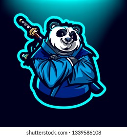 Panda with sword for esport and sport mascot logo isolated on dark Blue Background