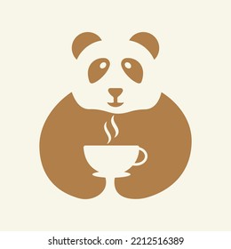 Panda Tea Cup Logo Negative Space Concept Vector Template. Panda Holding Tea Cup Symbol