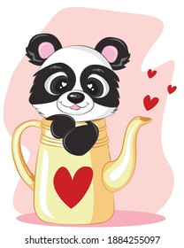 Panda in teapot, for design of valentine day.