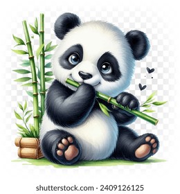 Panda, a teddy bear with bamboo. Illustration on a transparent background.