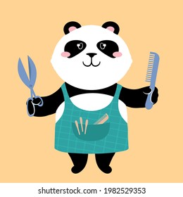 Panda teddy bear dressed in an apron holding out scissors and a comb. Cute cartoon character. Flat style vector illustration. Suitable for icon, logo, label, sticker, clipart, t-shirt print.