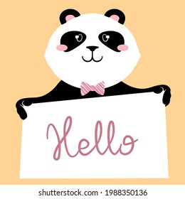 Panda teddy bear dressed in a bow tie holding out a banner saying hello. Cute cartoon character with handletter inscription. Flat style vector illustration. Suitable for icon, logo, label, sticker