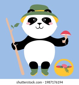 Panda teddy bear dressed in a bucket hat and boots holding out a mushroom. Cute cartoon character. Flat style vector illustration. Suitable for icon, logo, label, sticker, clipart, t-shirt print.