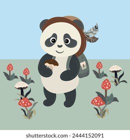 Panda teddy bear dressed in a bucket hat holding out a mushroom. Cute cartoon character. Flat style vector illustration. Suitable for icon, logo, label, sticker, clipart, t-shirt print.