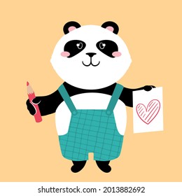 Oso de peluche Panda vestido con burros sosteniendo un lápiz y un dibujo del corazón... Caricatura muy comedida. Ilustración vectorial de estilo plano.Adecuada para icono, logotipo, etiqueta, pegatina, clipart, camiseta