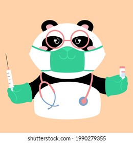 Panda teddy bear dressed in face mask and protective gloves holding out a syringe and medicine vial. Cute cartoon character. Flat style vector illustration. Suitable for icon, logo, label, sticker