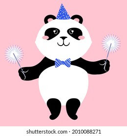 Panda teddy bear dressed in a party hat and bow tie holding out sparklers. Cute cartoon character. Flat style vector illustration. Suitable for icon, logo, label, sticker, clipart, t-shirt print.