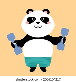 Panda teddy bear dressed in stripy shorts holding out dumbbells .Cute cartoon character. Flat style vector illustration. Suitable for icon, logo, label, sticker, clipart, t-shirt print.