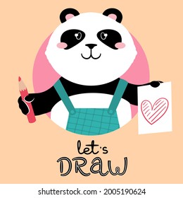 Panda teddy bear holding out a red pencil and a drawing of heart signed Let's Draw. Cute cartoon character plus a handdrawn slogan. Flat style vector illustration. Suitable for icon, logo, label