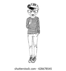 panda teen girl with mobile, furry art illustration, fashion animals, hipster animals