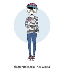 panda teen girl with mobile, furry art illustration, fashion animals, hipster animals