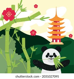 panda con un templo chino en el paisaje
