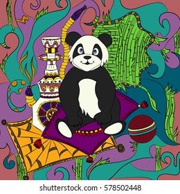 Panda in the tent. Bear smokes a hookah. Bright psychedelic pattern. Freehand sketch. Black outline.