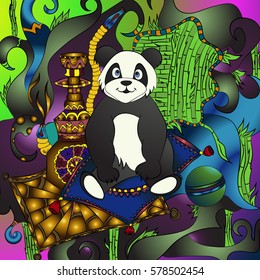 Panda in the tent. Bear smokes a hookah. Bright psychedelic pattern. Freehand sketch. Black outline.