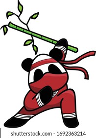 a panda that poses like a ninja and holds a bamboo as a sword