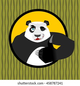 Panda thumb up and winks. Chinese bear all good.  Hand showing ok. Gesture of hands.  happy wild animal and background of bamboo. forest beast