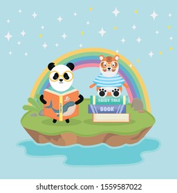 panda and tiger with books rainbow fantasy fairy tale vector illustration