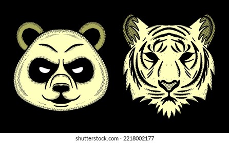 Panda and tiger Collection set Doodle Illustration cartoon sketch colorful for tattoo, stickers, etc