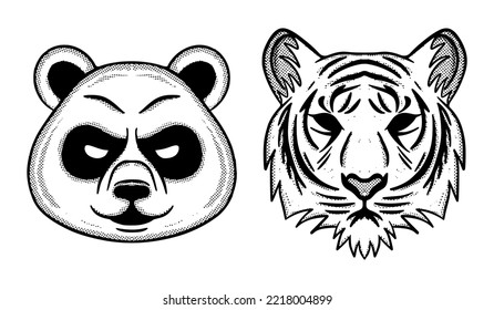 Panda and tiger Collection set Doodle Illustration cartoon sketch for tattoo, stickers, etc