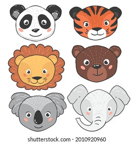Panda, tiger, lion, bear, koala, elephant. Cute portraits of wild animals for stickers, cards, rugs