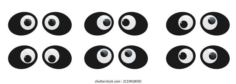 Panda toy eyes set vector illustration. Wobbly plastic open eyeballs of funny Chinese bear looking up, down, left, right, crazy round parts with black pupil collection isolated on white background.