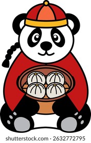panda in traditional clothes holding steamed buns