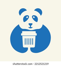 Panda Trash Logo Negative Space Concept Vector Template. Panda Holding Delete Symbol