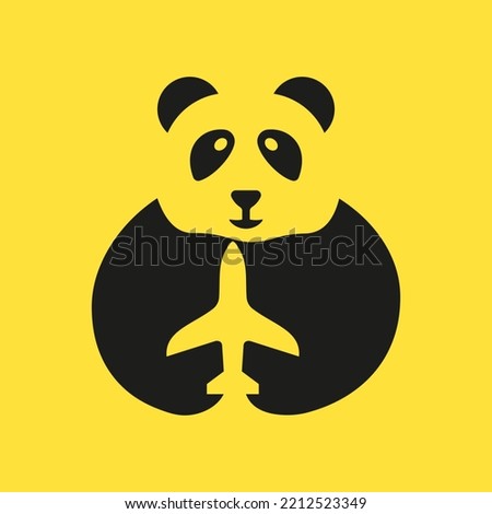Panda Travel Logo Negative Space Concept Vector Template. Panda Holding Airplane Symbol