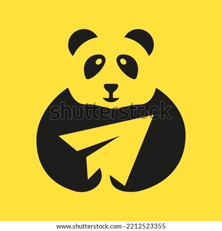 Panda Travel Logo Negative Space Concept Vector Template. Panda Holding Paper Plane Symbol