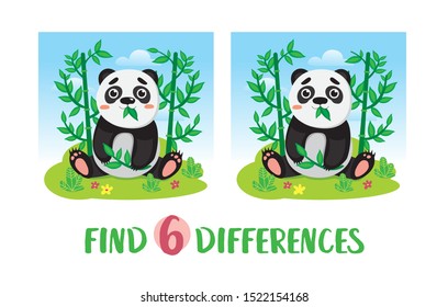 Panda in the tropical swamp. Find 6 differences. Educational game for children. Cartoon vector illustration.