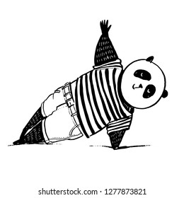 Panda in t-shirt and jeans stand in slide plank joga pose. Black and white vector illustration. Sketch hand drawn standing panda