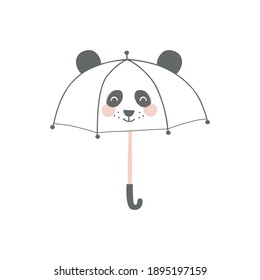 Panda Umbrella with cute kawaii animal face clipart isolated on white background. Rainy weather accessory vector illustration for childish design