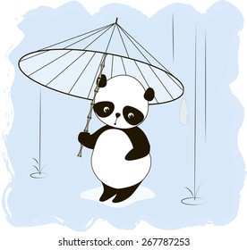 panda with an umbrella in the rain, vector illustration. image to print on a T-shirt