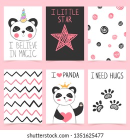 Panda, unicorn - cute bay illustration. Hand draw