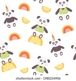 Panda unicorn with fruit rainbow seamless pattern. Vector illustration in kids style