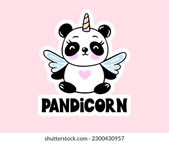 Panda Unicorn with Wings Vector Illustration. Animal Pandicorn Kawaii Cute Art. Doodle Baby Character.