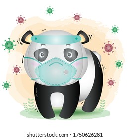 Panda using face shield and mask.  Covid-19,  coronavirus vector illustration.