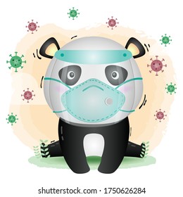 Panda usando escudo y máscara.  Covid-19, ilustración del vector del coronavirus.