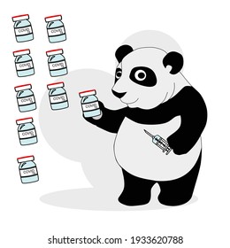 Panda vaccine COVID 19 bottles and syringe. Flat simple design