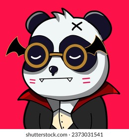 Panda vampire character design for halloween holiday on red blackground