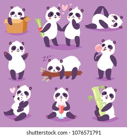 Panda vector bearcat or chinese bear with bamboo in love playing or sleeping illustration set of giant panda reading book or eating icecream isolated on background