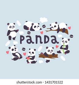 Panda vector bearcat chinese bear with bamboo in love playing or sleeping illustration backdrop of giant panda eating watermelon background wallpaper.